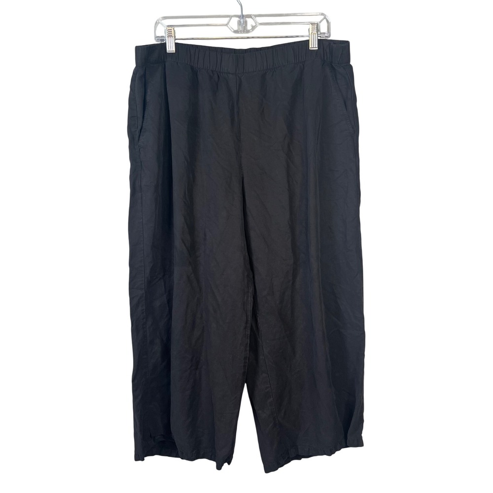 Eileen Fisher Wide Leg Crop Pants Sz L Black Tencel Linen Pull On Lagenlook